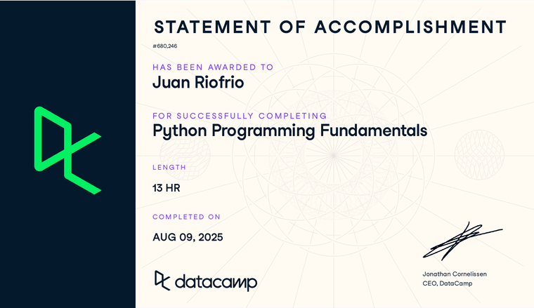 Certificado DataCamp: Python Programming Fundamentals